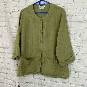 Flax Olive Green Cuffed Sleeve Boxy 100% Linen Short Sleeve Top Sz Small